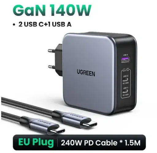 Ugreen cargador USB tipo C para Macbook. Carga rápida de 140W, GaN, PD3.1, 4,0, 3,0. iPhone, Xiaomi y Tablet.